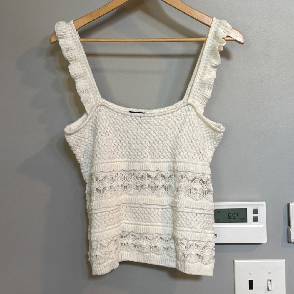 Cliche White 100% Cotton Knit Tank Top Ruffle Strap Pointelle Square Neck
